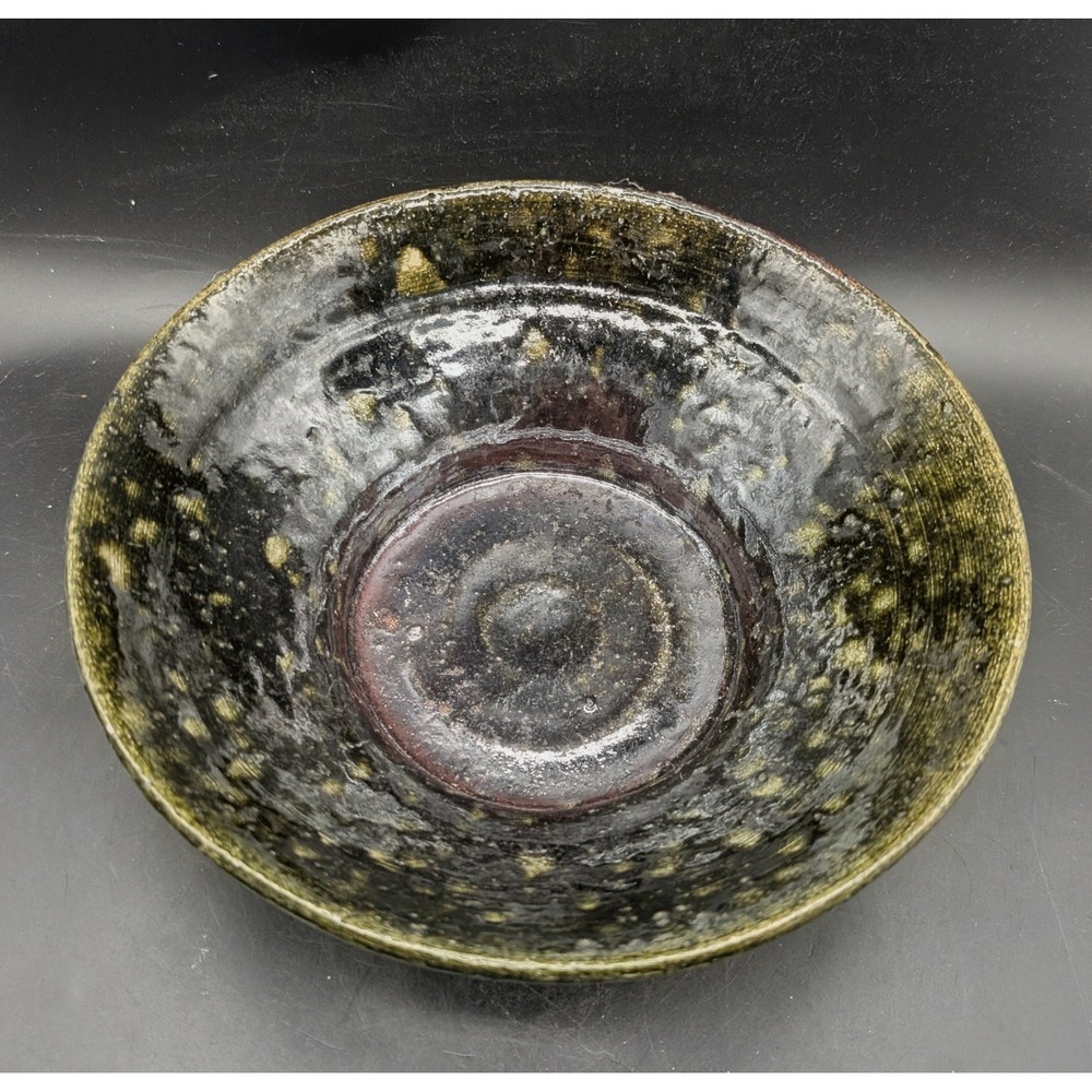 Vintage Studio Pottery Bowl Signed Bo 5/97 Black Green Raku Glazed Ceramic 9"